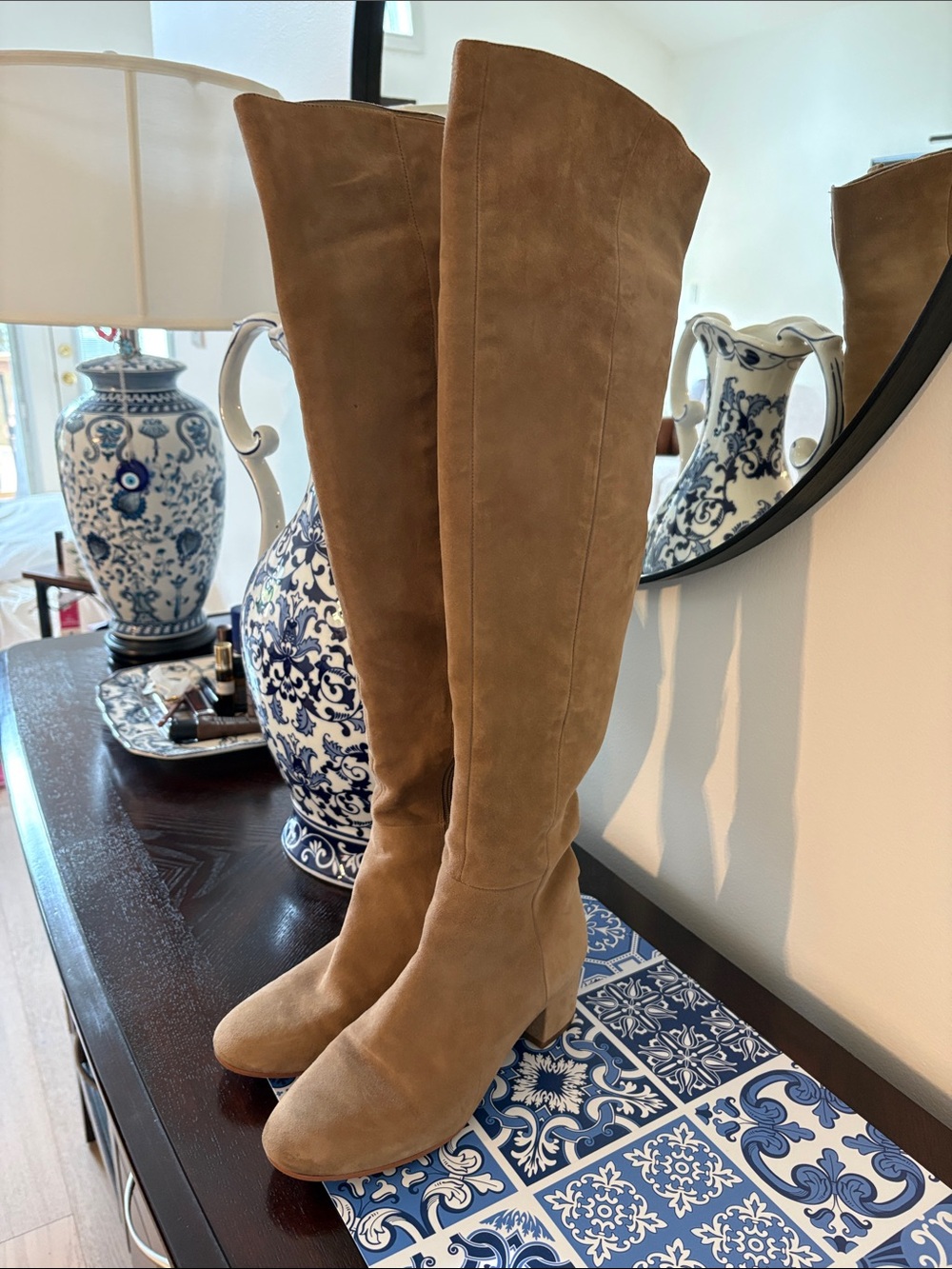 Marc Fisher Tall Tan Suede Knee-High Block Heel Boots